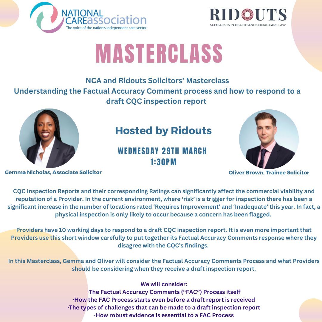 FREE Masterclass with Ridouts - Understanding the Factual Accuracy Comment Process and How to Respond to a Draft CQC Inspection Report